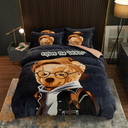 宅部落 2023新款大版卡通牛奶绒四件套法莱绒 7.眼镜熊