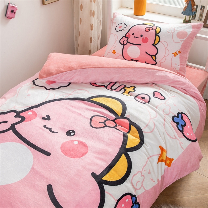 91家纺网 家纺一手货源 找家纺 宅部落 2023新款大版卡通牛奶绒三件套 1.粉嘟嘟