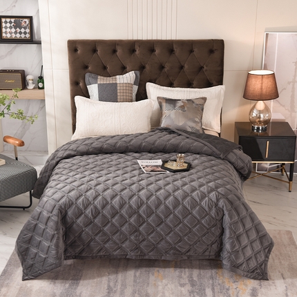 恩和家纺 2024新款水晶绒牛奶绒法兰绒床盖方格款 方格款-深灰