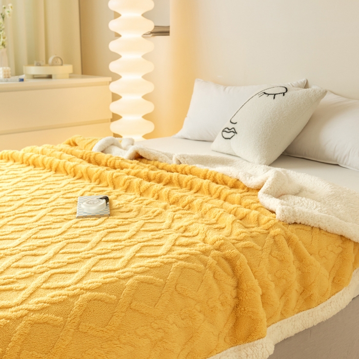 91家纺网 家纺一手货源 找家纺 梵克保罗 2024直播新款热款高克重双面绒塔芙绒羊羔绒复合提花毯子毛毯盖毯 贵族黄