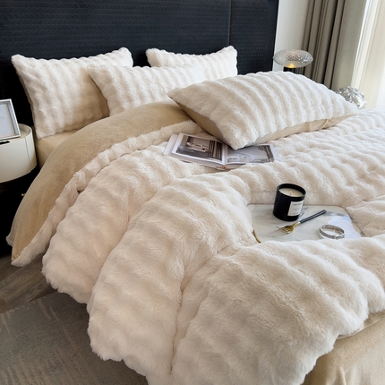 91家纺网 家纺一手货源 找家纺 2023高克重400克立体剪花大泡泡兔毛绒四件套 气泡-米白+卡其