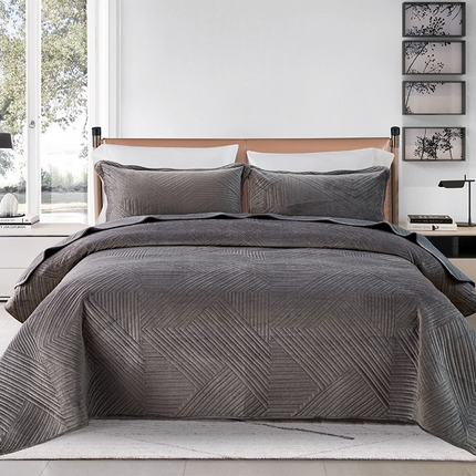 恩和家纺 2024新款水晶绒牛奶绒法兰绒床盖线条款 线条款-深灰