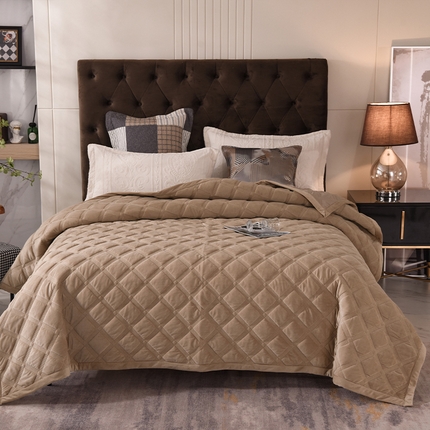 恩和家纺 2024新款水晶绒牛奶绒法兰绒床盖方格款 方格款-驼色