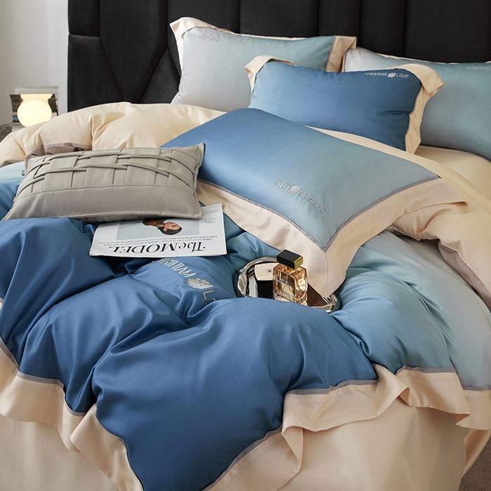 91家纺网 家纺一手货源 找家纺 榻尚家居 2023新款进口澳棉活性数码印花+刺绣四件套--极光系列 静谧蓝