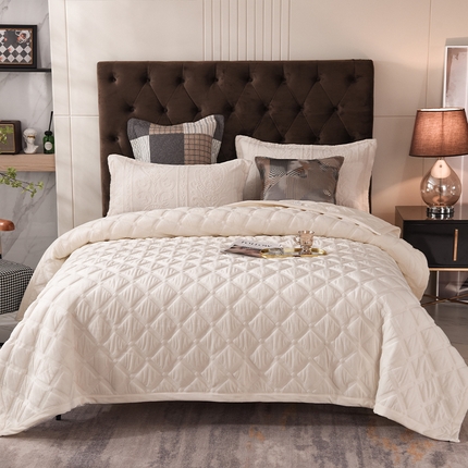 恩和家纺 2024新款水晶绒牛奶绒法兰绒床盖方格款 方格款-米白