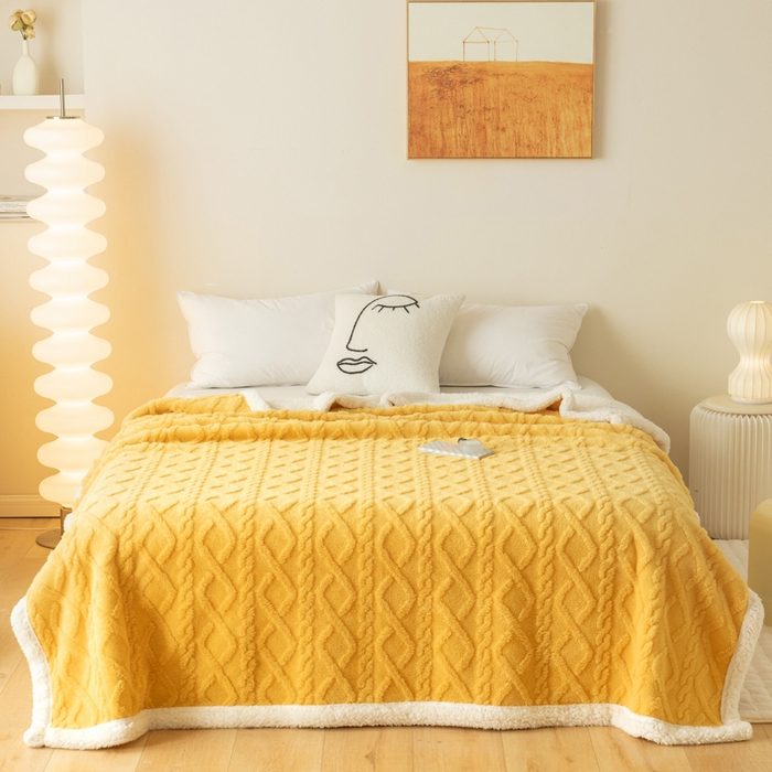 91家纺网 家纺一手货源 找家纺 梵克保罗 2024直播新款热款高克重双面绒塔芙绒羊羔绒复合提花毯子毛毯盖毯 贵族黄