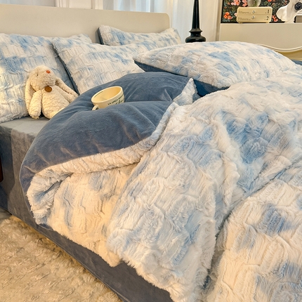 91家纺网 家纺一手货源 找家纺 （总）慕晨 2023新款加厚兔毛绒牛奶绒菱格保暖法莱绒四件套被套床单4