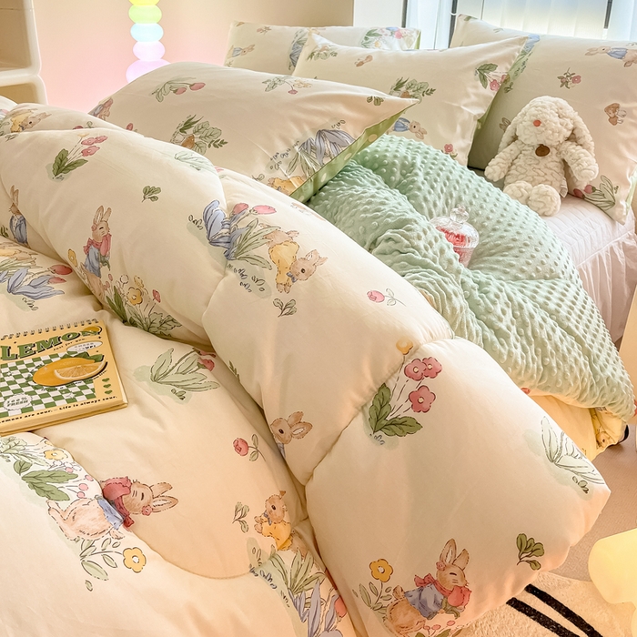 91家纺网 家纺一手货源 找家纺 简宜家居  2023新款全棉安抚豆豆绒被冬被春秋被 花园兔