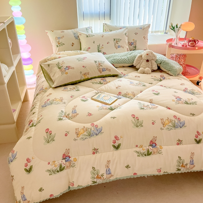 91家纺网 家纺一手货源 找家纺 简宜家居  2023新款全棉安抚豆豆绒被冬被春秋被 花园兔