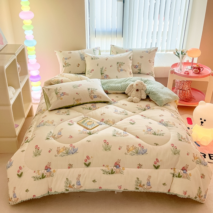 91家纺网 家纺一手货源 找家纺 简宜家居  2023新款全棉安抚豆豆绒被冬被春秋被 花园兔