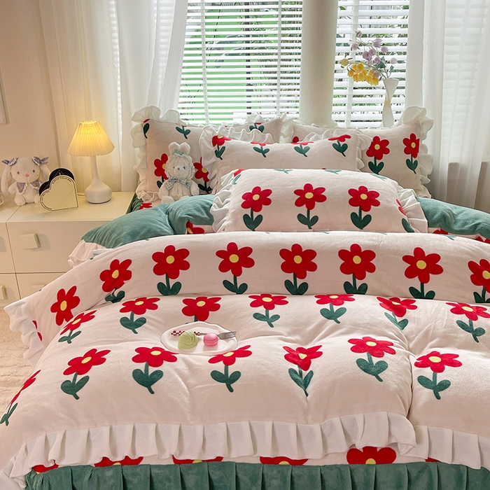 91家纺网 家纺一手货源 找家纺 （总）金盛皇朝家纺 2023高克重牛奶绒韩版花边床裙款四件套