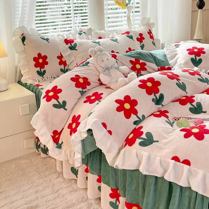 91家纺网 家纺一手货源 找家纺 （总）金盛皇朝家纺 2023高克重牛奶绒韩版花边床裙款四件套