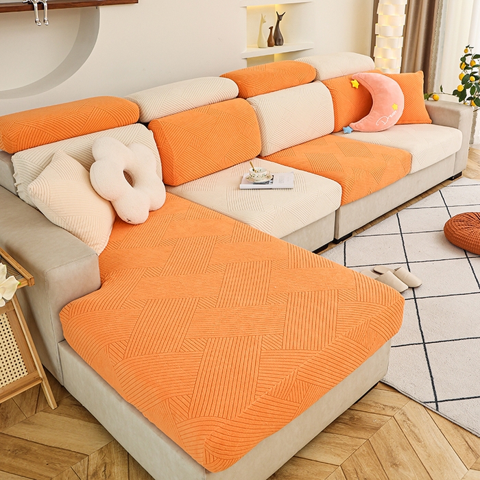 91家纺网 家纺一手货源 找家纺 天下布艺 2023新款坐垫套纯色沙发笠系列-初见 米橙拼色