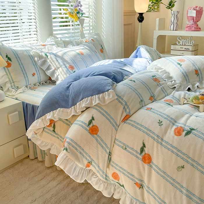 91家纺网 家纺一手货源 找家纺 金盛皇朝家纺 2023高克重牛奶绒韩版花边床裙款四件套 茶语花香