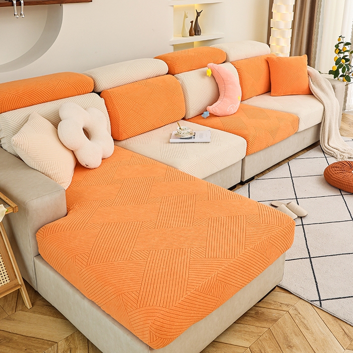 91家纺网 家纺一手货源 找家纺 天下布艺 2023新款坐垫套纯色沙发笠系列-初见 米橙拼色