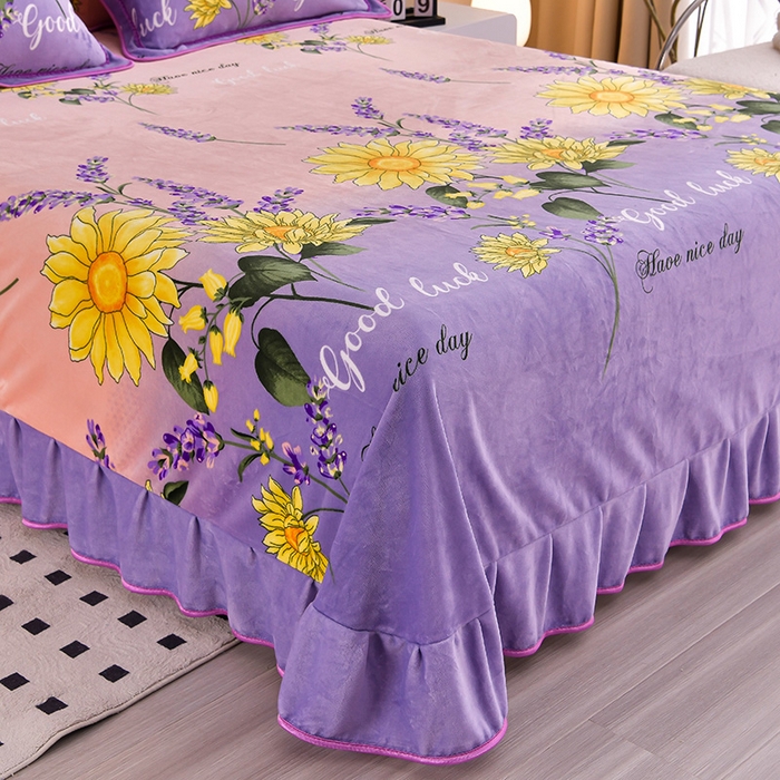 91家纺网 家纺一手货源 找家纺 晚静 2025新款7斤牛奶绒四件套金貂法莱绒床裙款保暖绒三件套 向阳花开