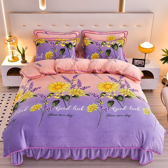 91家纺网 家纺一手货源 找家纺 晚静 2025新款7斤牛奶绒四件套金貂法莱绒床裙款保暖绒三件套 向阳花开