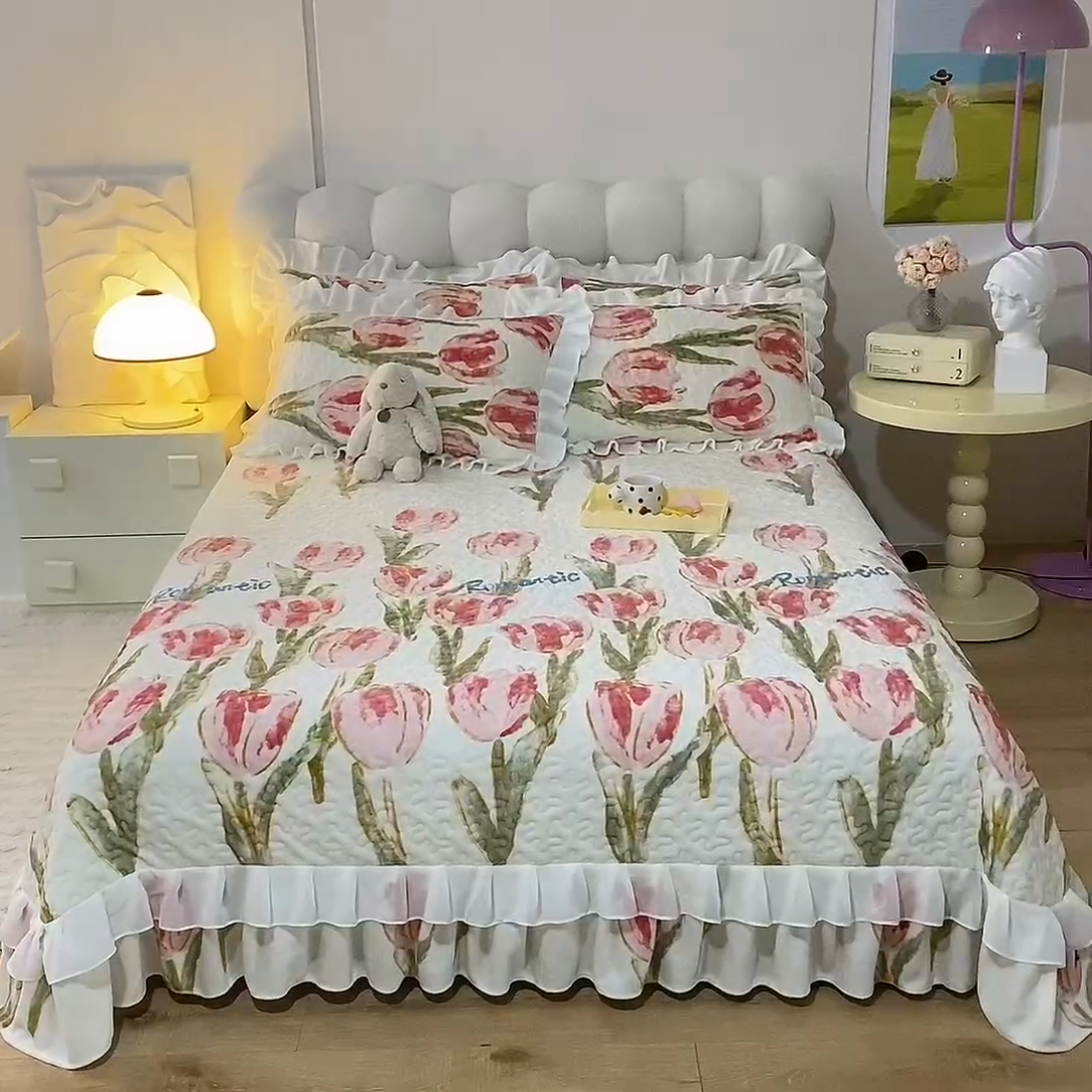 91家纺网 家纺一手货源 找家纺 （总）金盛皇朝家纺 2023款高克重牛奶绒双层花边床盖单件三件四件套