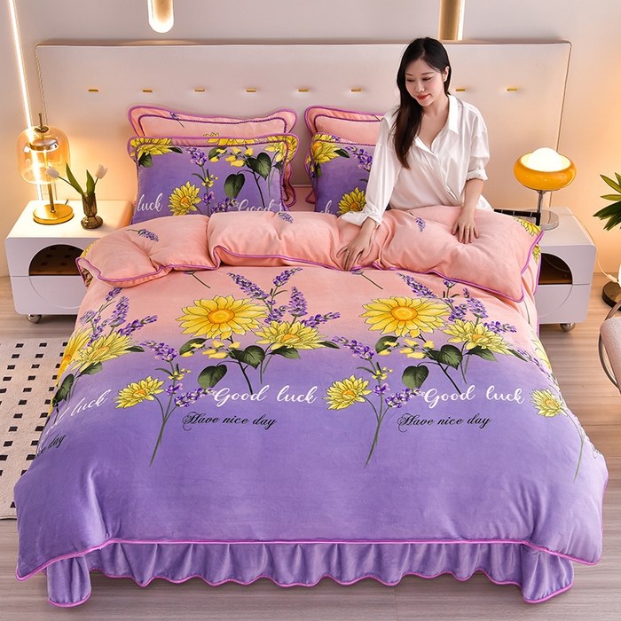 91家纺网 家纺一手货源 找家纺 晚静 2025新款7斤牛奶绒四件套金貂法莱绒床裙款保暖绒三件套 向阳花开