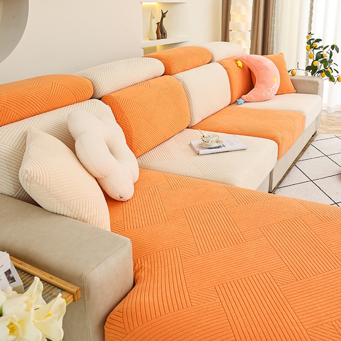 91家纺网 家纺一手货源 找家纺 天下布艺 2023新款坐垫套纯色沙发笠系列-初见 米橙拼色