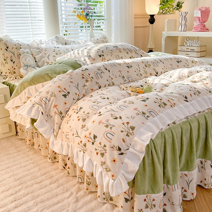 91家纺网 家纺一手货源 找家纺 金盛皇朝家纺 2023高克重牛奶绒韩版花边床裙款四件套 秘密花园