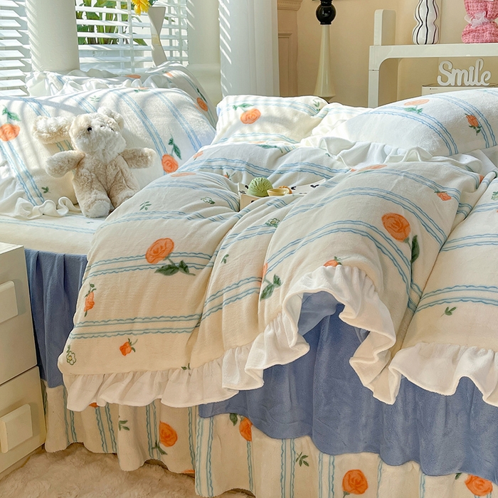 91家纺网 家纺一手货源 找家纺 金盛皇朝家纺 2023高克重牛奶绒韩版花边床裙款四件套 茶语花香