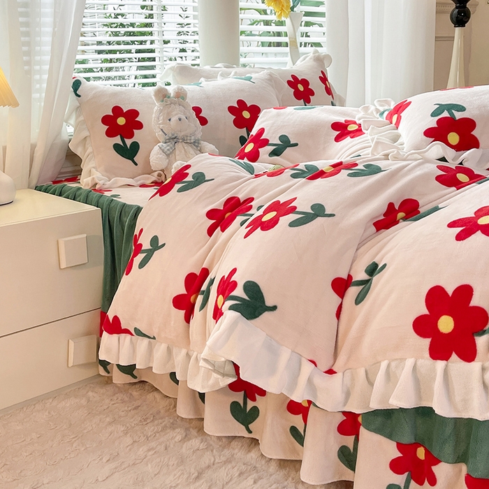 91家纺网 家纺一手货源 找家纺 （总）金盛皇朝家纺 2023高克重牛奶绒韩版花边床裙款四件套