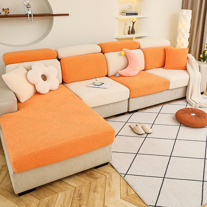 91家纺网 家纺一手货源 找家纺 天下布艺 2023新款坐垫套纯色沙发笠系列-初见 米橙拼色