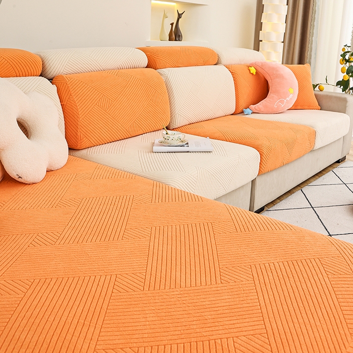 91家纺网 家纺一手货源 找家纺 天下布艺 2023新款坐垫套纯色沙发笠系列-初见 米橙拼色