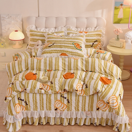 91家纺网 家纺一手货源 找家纺 （总）金盛皇朝家纺 2023款高克重牛奶绒双层花边床盖单件三件四件套