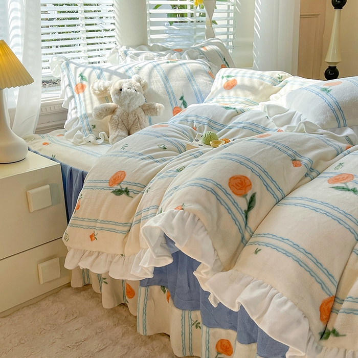 91家纺网 家纺一手货源 找家纺 金盛皇朝家纺 2023高克重牛奶绒韩版花边床裙款四件套 茶语花香