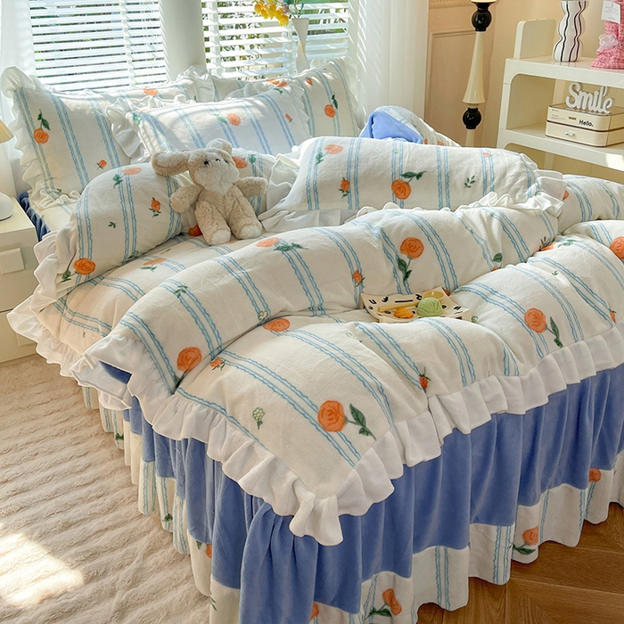 91家纺网 家纺一手货源 找家纺 金盛皇朝家纺 2023高克重牛奶绒韩版花边床裙款四件套 茶语花香