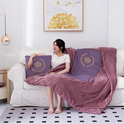 景然家居 2023新款荷兰绒刺绣抱枕被-皇冠系列（专版花型） 皇冠-酱紫