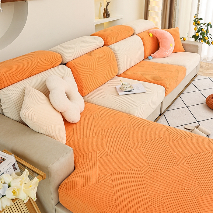 91家纺网 家纺一手货源 找家纺 天下布艺 2023新款坐垫套纯色沙发笠系列-初见 米橙拼色