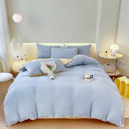 迷仙巢家纺 2023新款贝壳绒四件套 天空蓝加奶油黄