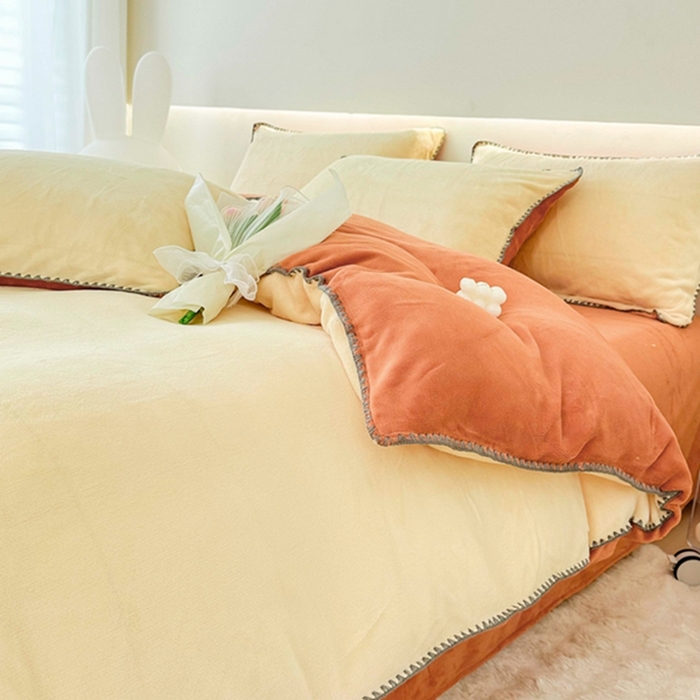 91家纺网 家纺一手货源 找家纺 迷仙巢家纺 2023新款贝壳绒四件套 奶油黄加焦糖