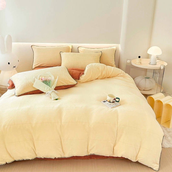 91家纺网 家纺一手货源 找家纺 迷仙巢家纺 2023新款贝壳绒四件套 奶油黄加焦糖