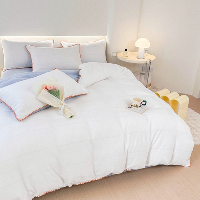 91家纺网 家纺一手货源 找家纺 迷仙巢家纺 2023新款贝壳绒四件套 白加天空蓝