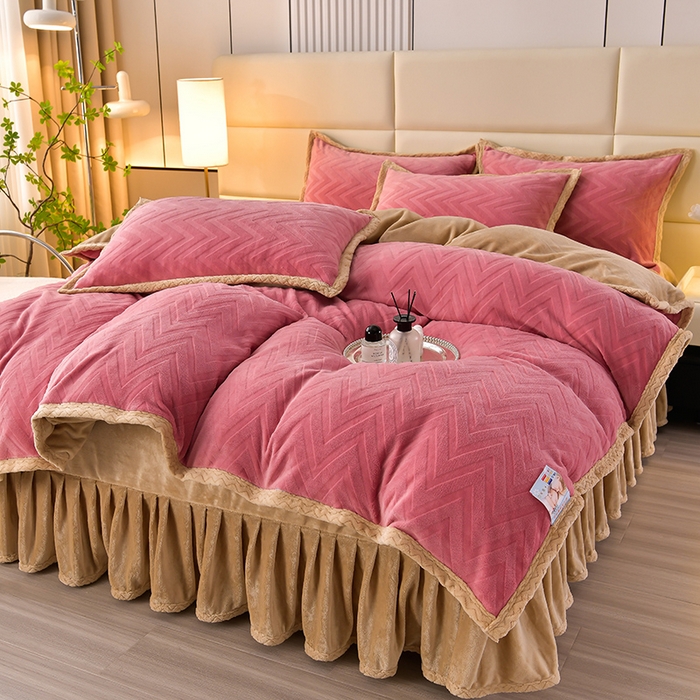 91家纺网 家纺一手货源 找家纺 星窝家纺 2023直播电商爆款高克重9斤加厚雕花绒牛奶绒四件套 格调豆沙