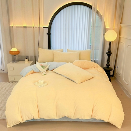 迷仙巢家纺 2023新款双拼牛奶绒四件套 奶油黄加天空蓝