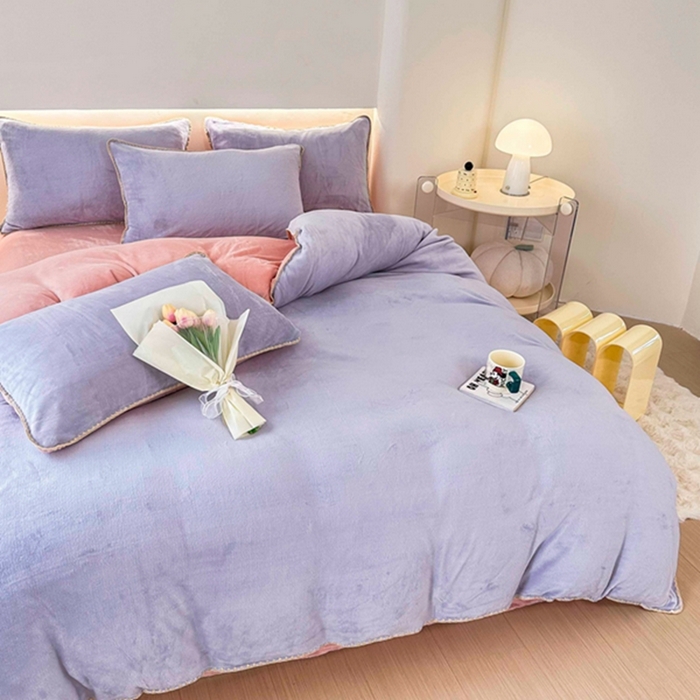 91家纺网 家纺一手货源 找家纺 迷仙巢家纺 2023新款贝壳绒四件套 浅紫加粉玉