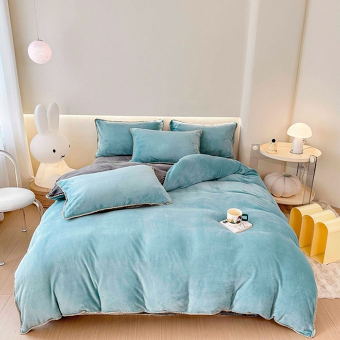 91家纺网 家纺一手货源 找家纺 迷仙巢家纺 2023新款贝壳绒四件套 浅绿灰