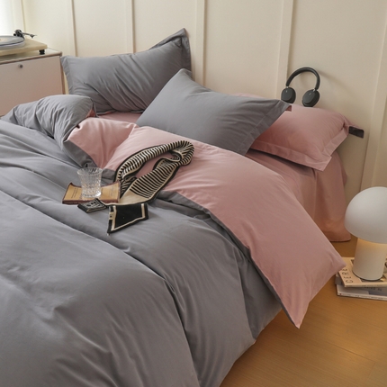 2023A类纯色纯棉磨毛四件套 神秘灰+复古粉