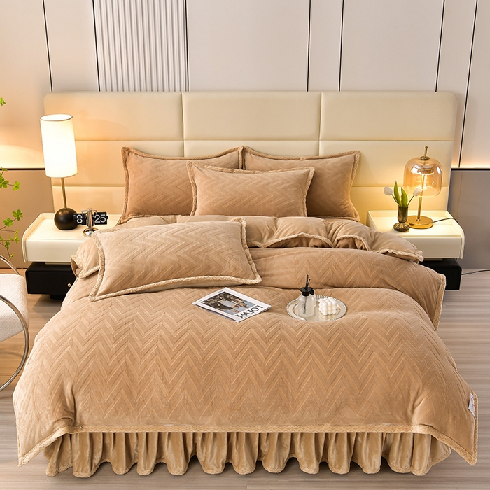 91家纺网 家纺一手货源 找家纺 星窝家纺 2023直播电商爆款高克重9斤加厚雕花绒牛奶绒四件套 格调奶咖