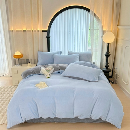 迷仙巢家纺 2023新款双拼牛奶绒四件套 天空蓝加灰