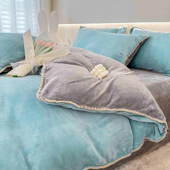 91家纺网 家纺一手货源 找家纺 迷仙巢家纺 2023新款贝壳绒四件套 浅绿灰