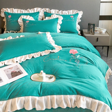 91家纺网 家纺一手货源 找家纺 （总）7V 2024新款韩版花边牛奶绒刺绣四件套8斤多加厚牛奶绒法兰绒宝宝绒