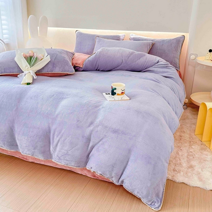 91家纺网 家纺一手货源 找家纺 迷仙巢家纺 2023新款贝壳绒四件套 浅紫加粉玉