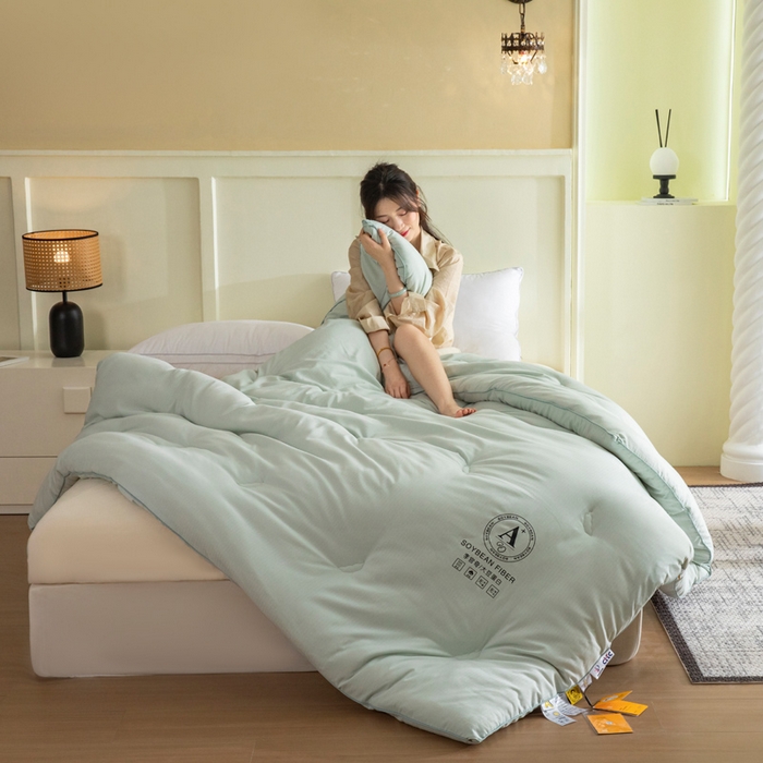 91家纺网 家纺一手货源 找家纺 被靠被 2023新款原棉贡缎提花李官奇填充大豆被子春秋被芯冬被子母被 绿色