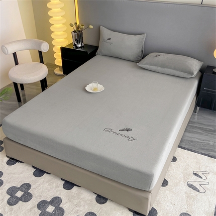 古吉梦 2023新款牛奶绒刺绣床笠-羽梦 羽梦-经典灰